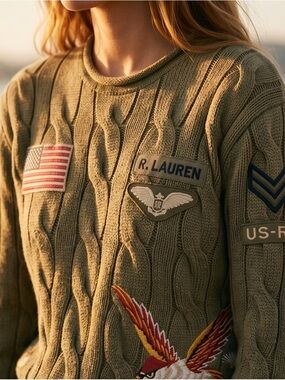 Polo by Ralph Lauren Olive Green Cable-Knit Crewneck Sweater with Patches